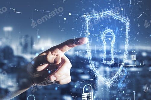 Preview: Internet Online Business Security Concept With Businessman Hand Touching Digital Screen With