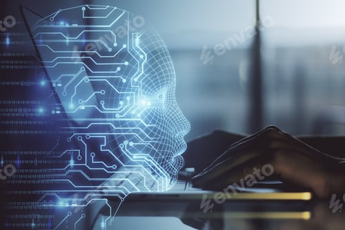 Preview: Side View Of Hands Using Laptop With Glowing Circuit Head Outline. Ai And Machine Learning Concept