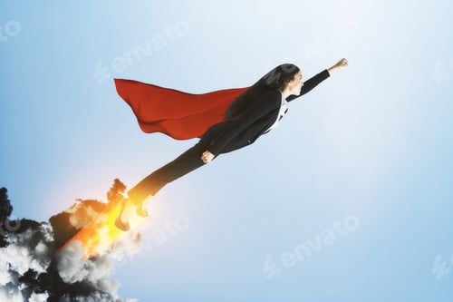 Preview: Abstract Launching Businesswoman On Gray Background. Startup And Leadership Concept