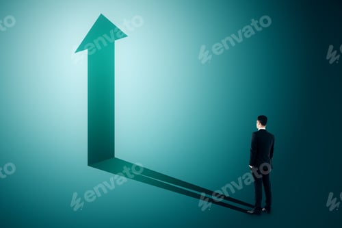 Preview: Thoughtful Young Businessman With Arrow Shadow On Blue Background. Growth And Success Concept