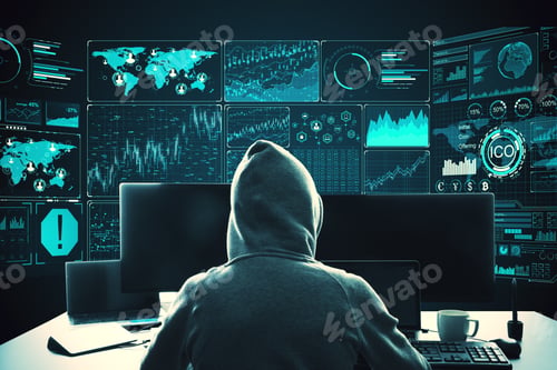 Preview: Hacker At Desktop Using Laptop With Digital Business Interface. Hacking And Innovation Concept