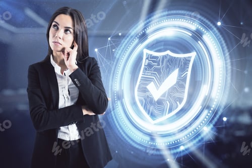 Preview: Businesswoman Thinking On Digital Guard Symbol Background, Cyber Security Concept