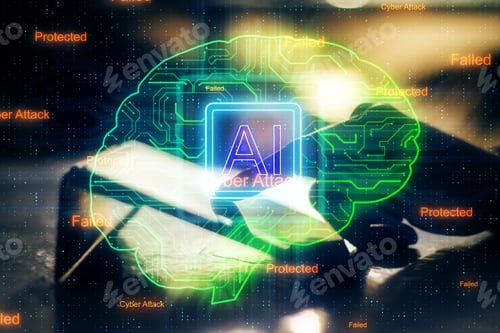 Preview: Side View And Close Up Of Hand Using Tablet With Circuit Brain Hologram. Artificial Intelligence