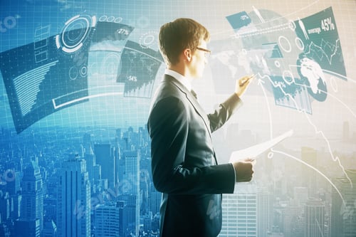 Preview: Sidfe View Of Attractive European Businessman Holding Document And Drawing Abstract Digital