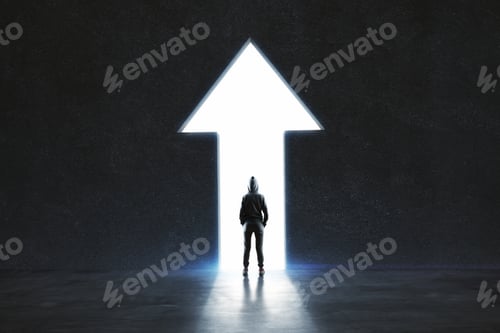 Preview: Back View Of Hacker Standing In Arrow Exit In Dark Concrete Room