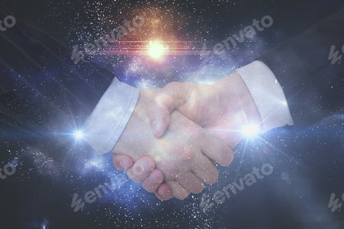 Preview: Handshake On Space Background. Double Exposure