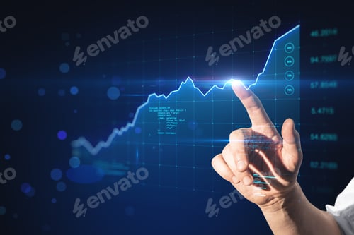 Preview: Stock Market Profit Increase Concept With Man Finger Touching Virtual Screen With Growing Financial