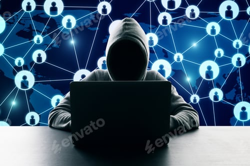 Preview: Hacker At White Desktop Using Laptop With Creative Social Network Interface On Blurry Background
