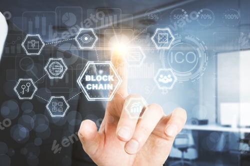 Preview: Businessman Pointing At Digital Business Interface In Blurry Office Interior. Analytics And