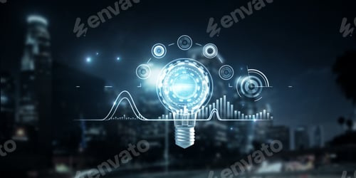 Preview: Abstract Glowing Business Interface With Glowing Light Bulb On Dark Night City Background