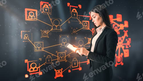 Preview: Side View Of Attractive Young European Businesswoman Using Tablet With Glowing Business Interface