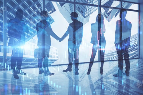 Preview: Businesspeople Shaking Hands In Modern Blue Office Interior With Panoramic City View And Forex