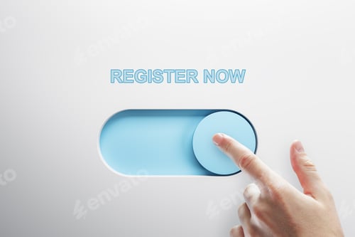Preview: Close Up Of Male Finger Turning On Slider Button On White Background. Registration And Success