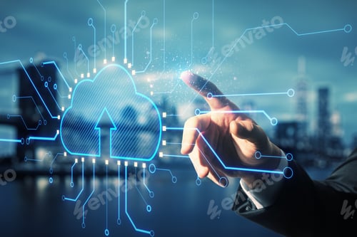 Preview: Data Storage And Cloud Technology Concept With Businessman Forefinger On Digital Interface With