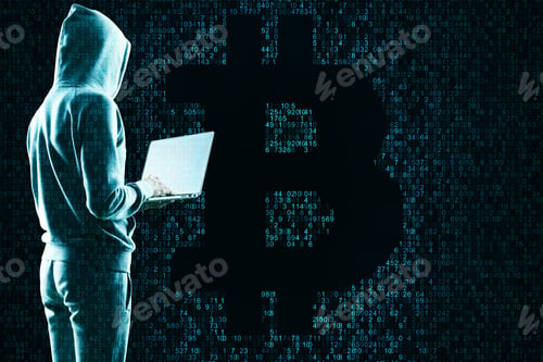 Preview: Hacking And Cryptocurrency Concept. Hacker Using Laptop With Creative Coding Bitcoin Sign
