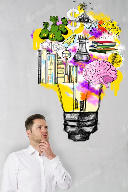 Preview: Side Portrait Of Handsome Thoughtful Young Businessman On Concrete Background With Colorful Lamp