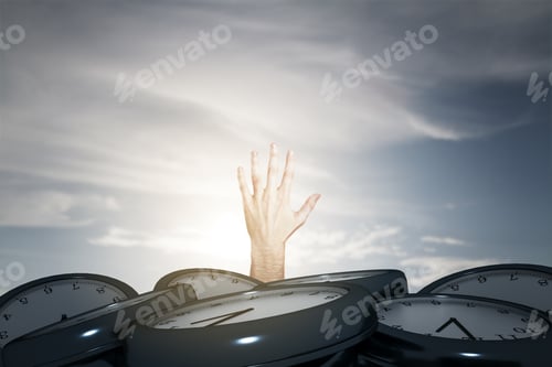 Preview: Man Hand Reaching For Help From Under Pile Of Clocks. Deadline Concept