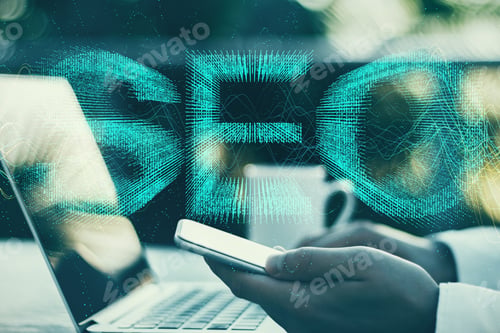 Preview: Hand Using Laptop And Creative Digital Seo Hologram. Search Engine Optimization Concept. 3D