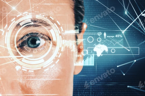 Preview: Portrait Of Young Businesswoman Face With Digital Business Interface. Face Recognition And Future
