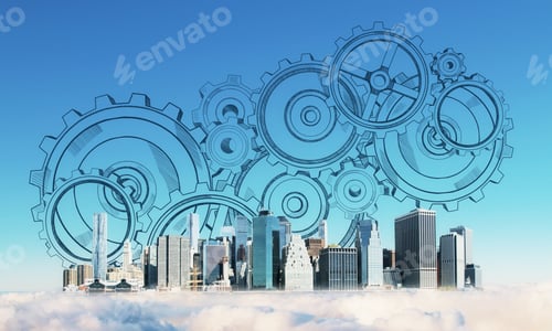 Preview: Creative New York City Skyline On Blue Sky Background With Drawn Cogwheels. Engineering And