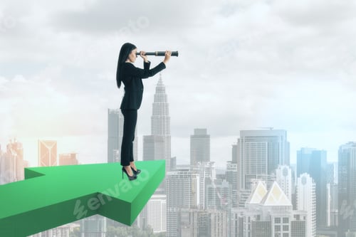 Preview: Businesswoman With Spyglass Standing On Green Arrow And Looking On City. Growth And Research