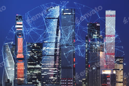 Preview: Creative Night City Texture With Polygonal Sphere. Communication, Urbanization And Global Business