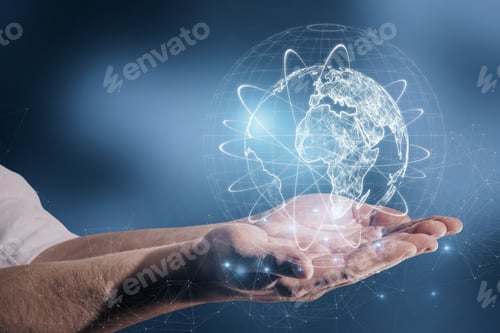 Preview: Close Up Of Male Hand Holding Abstract Glowing Globe Hologram On Blurry Blue Background. Digital