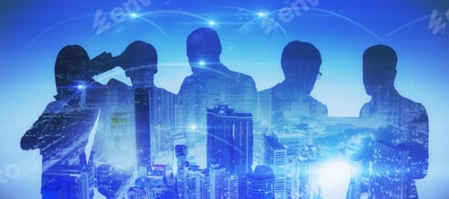 Preview: Businesspeople Silhouettes Standing On Abstract Blue City Background. Network And Communication