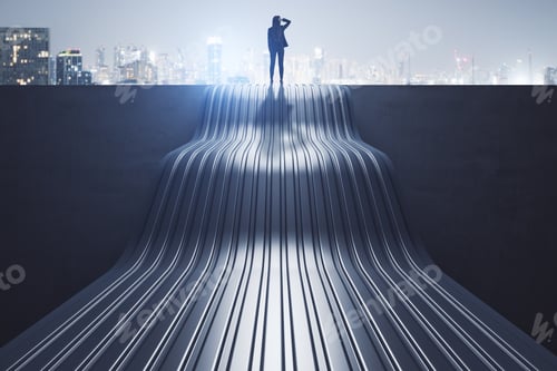 Preview: Back View Of Thoughtful Young Businesswoman Standing On Abstract Wave Staircase On City Background