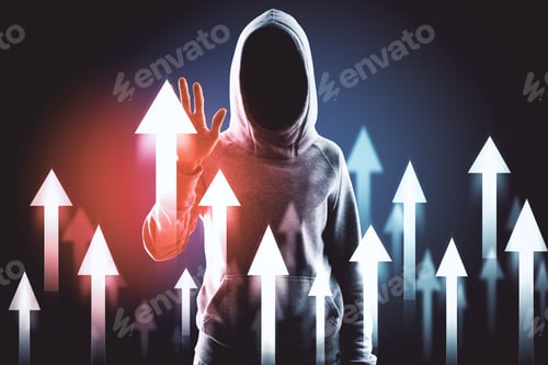 Preview: Hacker In Hoodie Using Abstract Digital Arrow Interface On Dark Background. Hacking And Cyber