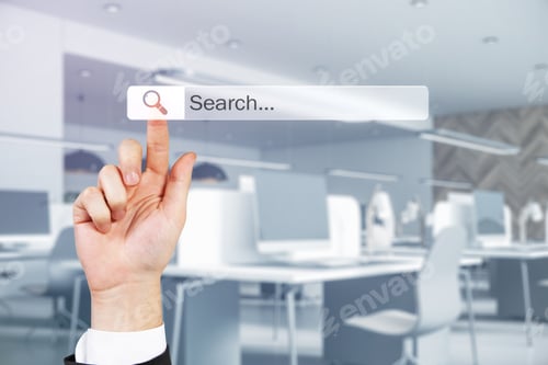 Preview: Internet Browser Search Bar On Touch Screen And Man Hand Clicking On Loupe Icon On Abstract Office