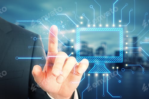 Preview: Close Up Of Male Hand Pointing At Abstract Glowing Computer Monitor Chip And Circuit Hologram On