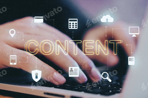 Preview: Hand Using Laptop With Creative Glowing Content Text On Blurry Background. Business And Content