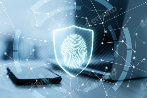 Preview: Cyber Safety And Protection Concept With Digital Glowing Fingerprint In Shield On Laptop With