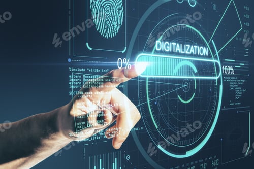 Preview: Touch The Future Concept With Man Finger On Virtual Touch Screen With Loading Bar Element Icon And