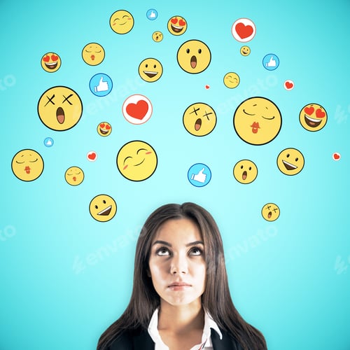 Preview: Portrait Of Pretty Young Businesswoman With Emotive Smileys On Subtle Blue Background