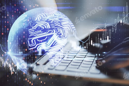 Preview: Robotic Stock Market Concept With Digital Planet And Microchip World Map And Human Hands Typing