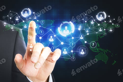 Preview: Businessman Hand With Glowing Digital Map And Hologram. Global Business And Hr Concept.