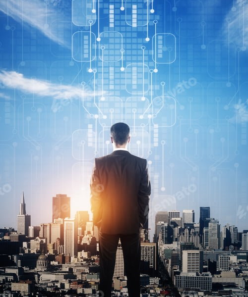 Preview: Back View Of Young Businessman Looking At City With Abstract Circuit Board And Sunlight. Future