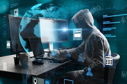 Preview: Hacker At Desktop With Monitors Using Laptop With Creative Glowing Globe Hologram Grid Interface On