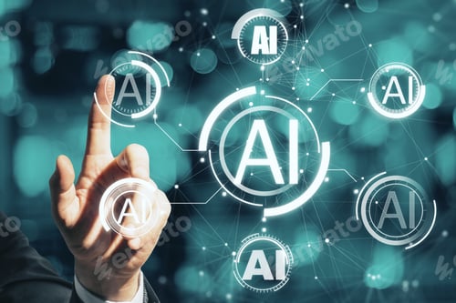 Preview: Business Man Hand Pointing At Creative Ai Hologram On Blurry Blue Bokeh Background. Artificial