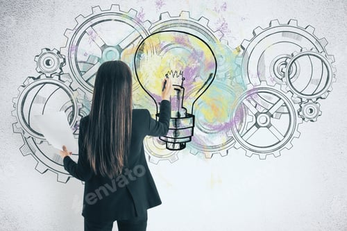 Preview: Businesswoman Drawing Cogs And Lightbulb Sketch. Teamwork And Idea Concept
