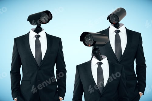 Preview: Three Businessmen In Suits With Cctv Cameras Instead Of Heads On Light Blue Background