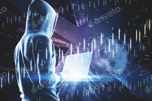 Preview: Side View Of Hacker Using Laptop On Dark City Background With Forex Chart. Malware And Invest