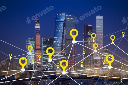 Preview: Creative Night City And Sky Background With Digital Map Pointer Connections. Smart City, Gps And