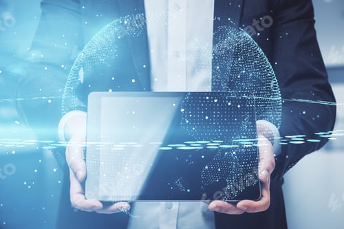 Preview: World Network And Telecommunication Concept With Digital Earth Planet On Businessman With Digital