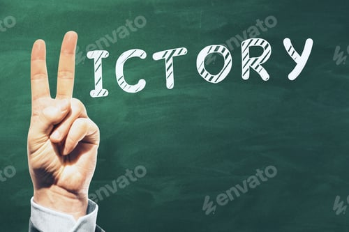 Preview: Hand With Peace Sign Gesture Replacing Letter V In Victory Word On Chalkboard Background With Mock