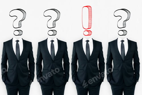 Preview: Row Of Question And Exclamation Mark Headed Businessmen Standing In Abstract Concrete Interior