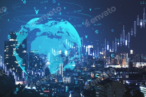 Preview: Creative Globe Hologram With Money Signs And Candlestick Graph On Blurry Night City Backdrop