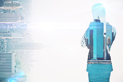 Preview: Side View Of Thoughtful Businessman On Abstract Sideways City Background With Copy Space. Job